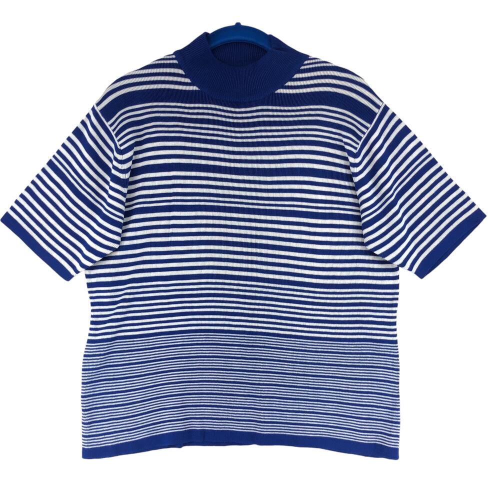 Talbots Womens Size Medium Pure Silk Sweater Short Sleeve Mock Neck Blue Stripe